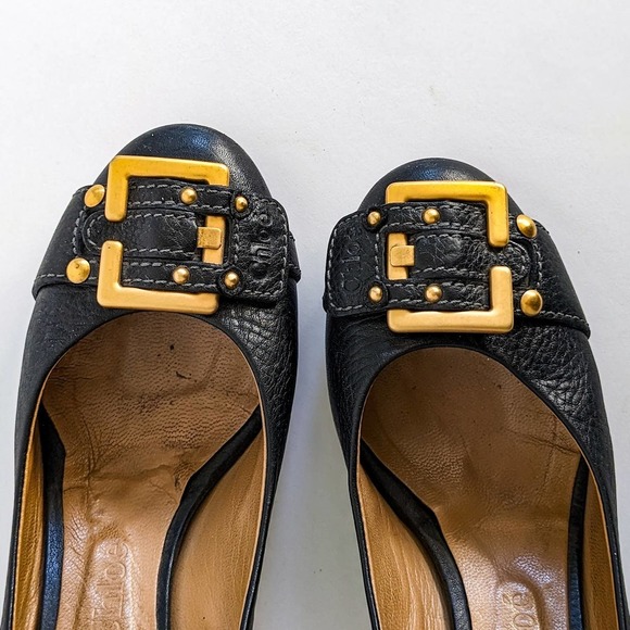 Chloe Black Heels with Gold Buckle and Wooden Heel - Picture 5 of 15